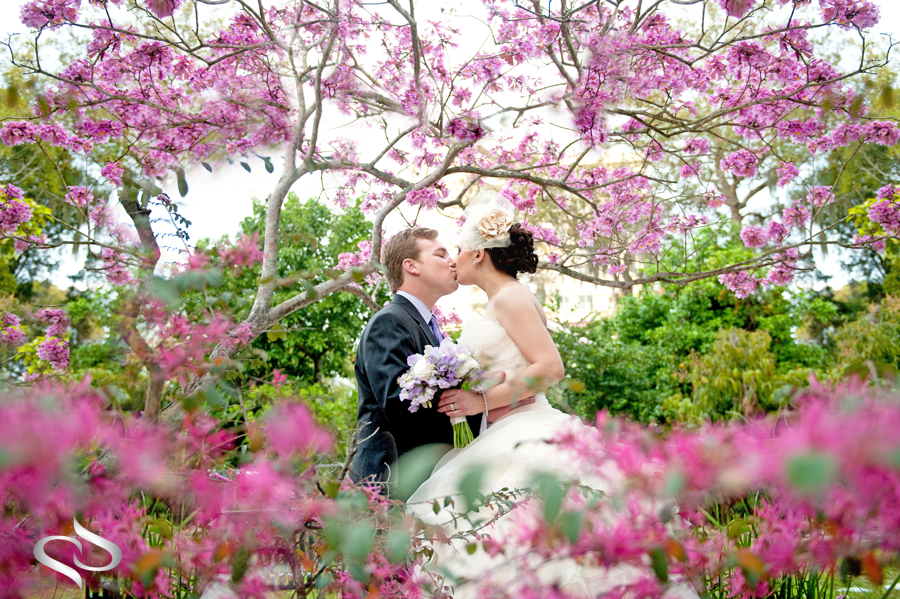 Bride and Groom in Flower Garden at their Tampa FL Garden Club Wedding