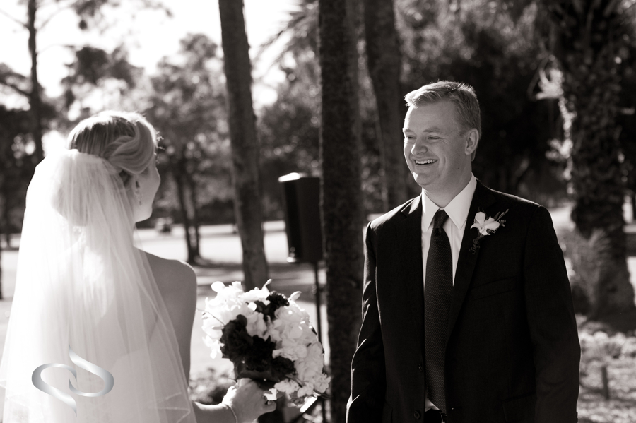 Groom shocked at beautiful bride first look Palma Ceia country club wedding