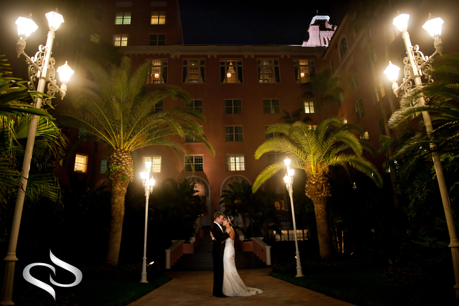 Night shot outside of bride and groom at Don Cesar 