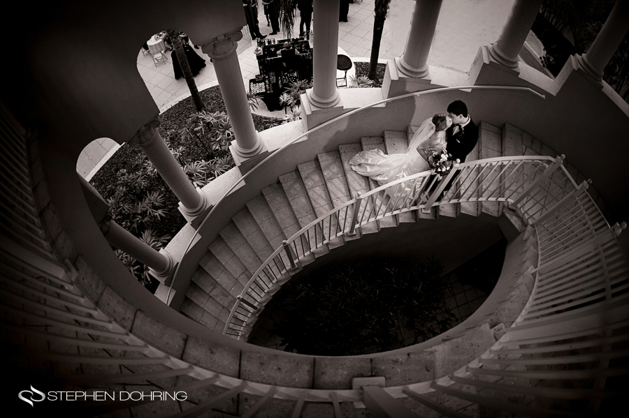 Bride and Groom on Ritz Carlton stairs Orlando wedding